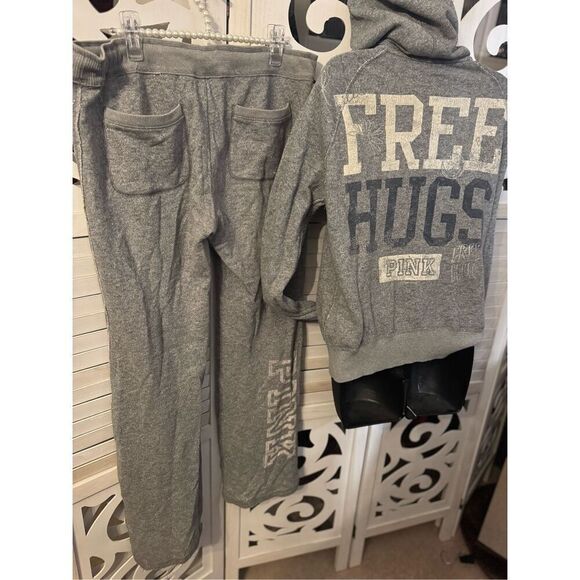 VS PINK grey glitter hooded pullover sweatshirt & pants  set- sweatsuit large - Picture 3 of 9
